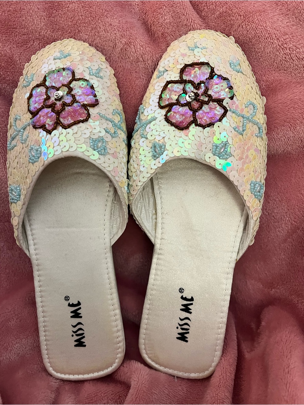 Miss Me Iridescent Sequin Floral Slip-On Mules in Pink and Cream
